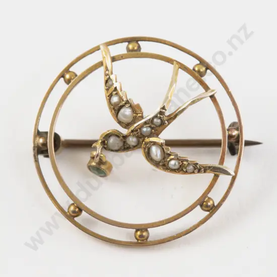 Victorian 9ct Pearl Swallow Brooch