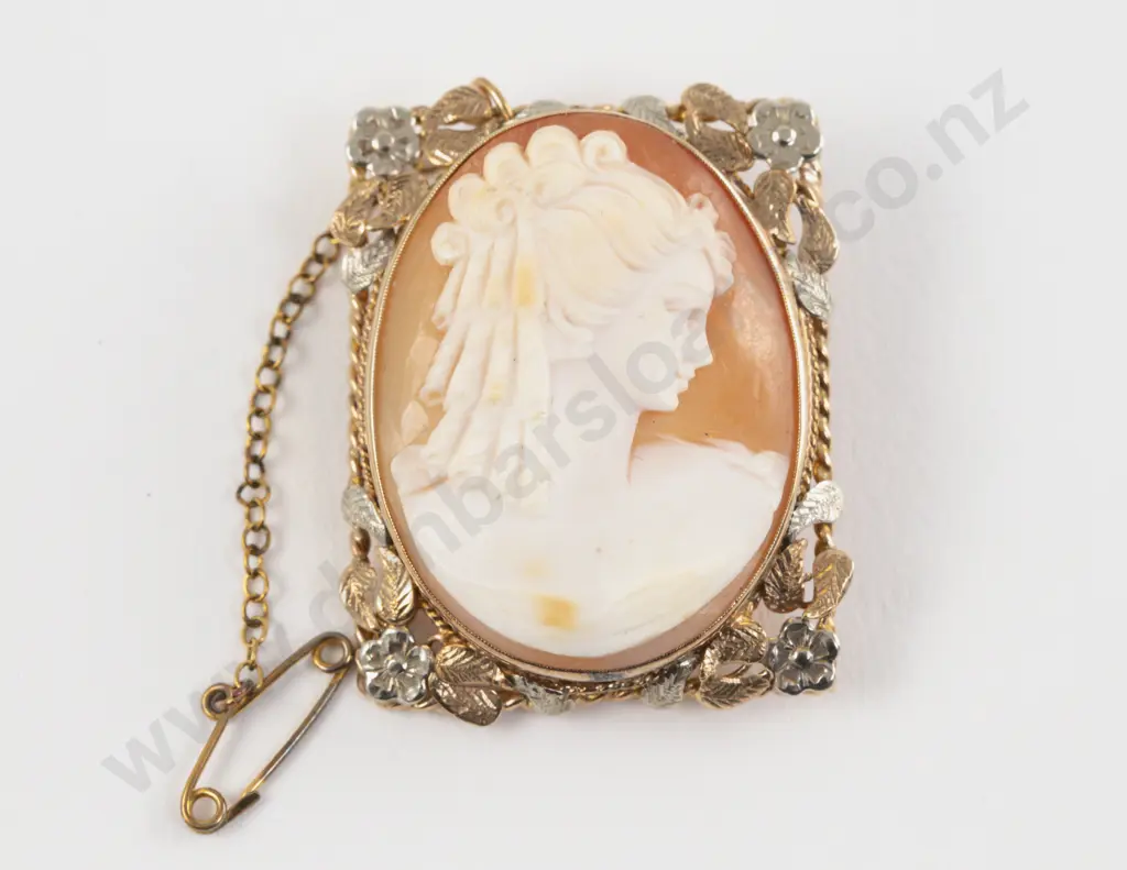9ct Yellow and White Gold Framed Classical Portrait Cameo Brooch Image 1++