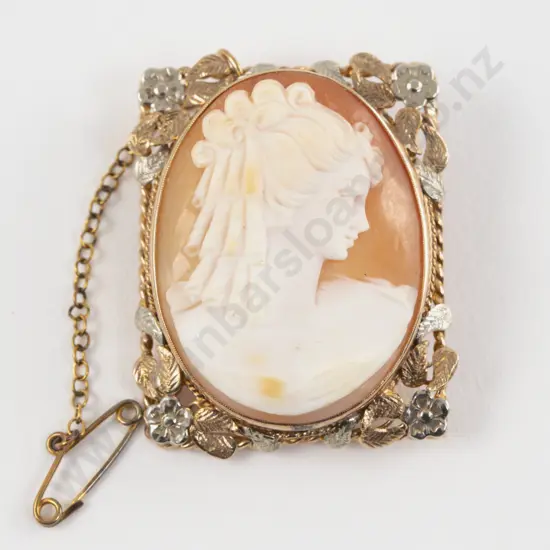 9ct Yellow and White Gold Framed Classical Portrait Cameo Brooch