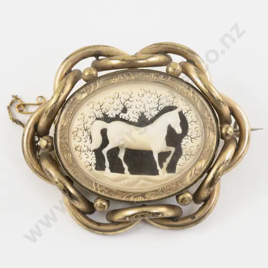 Late Victorian Gold Plated Framed Cameo Horse Brooch