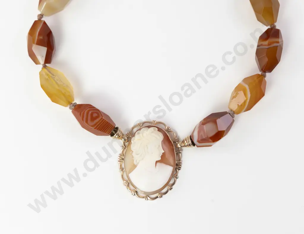 9ct Framed Cameo Pendant on Single Strand Mixed Agate Beaded Necklace Image 1++