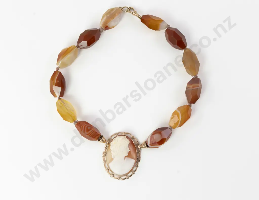 9ct Framed Cameo Pendant on Single Strand Mixed Agate Beaded Necklace Image 1++