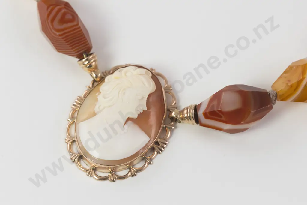 9ct Framed Cameo Pendant on Single Strand Mixed Agate Beaded Necklace Image 1++