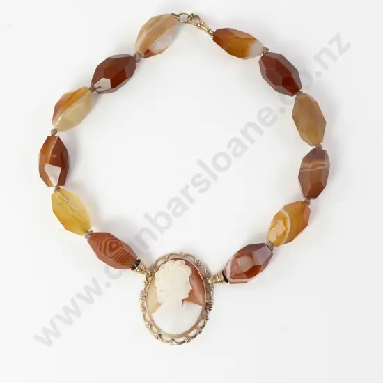 9ct Framed Cameo Pendant on Single Strand Mixed Agate Beaded Necklace