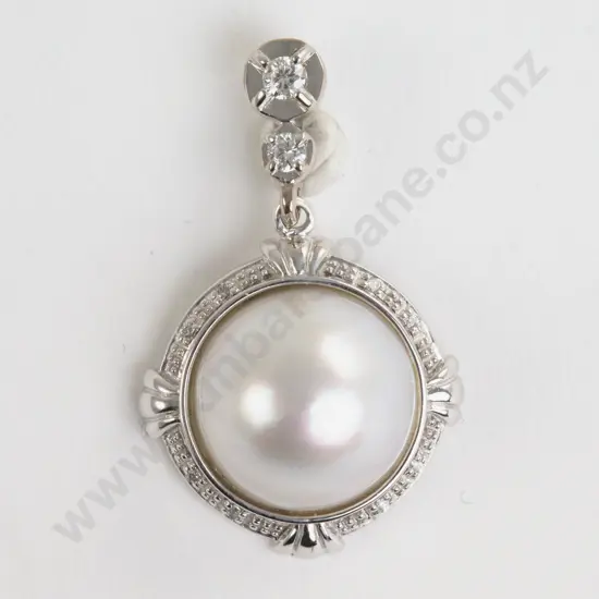 18ct White Gold Single Mabe Pearl and Diamond Pendant