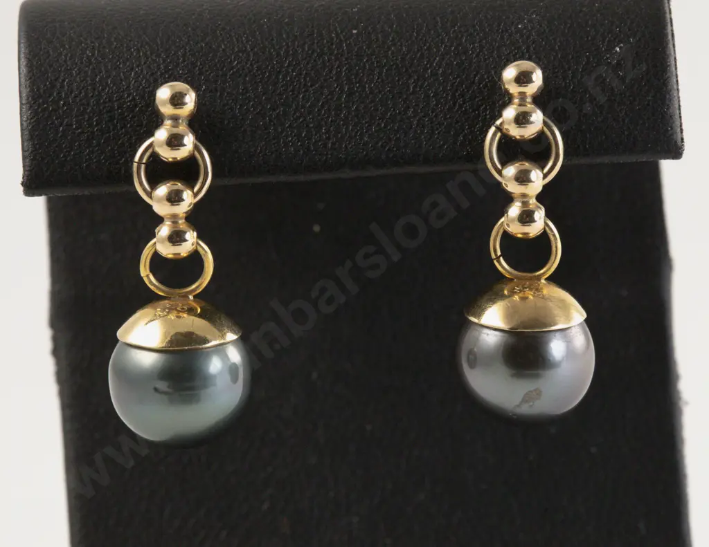 Pair 14ct Black Tahitian Pearl Pendant Drop Earrings Image 1++