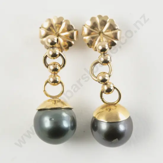 Pair 14ct Black Tahitian Pearl Pendant Drop Earrings