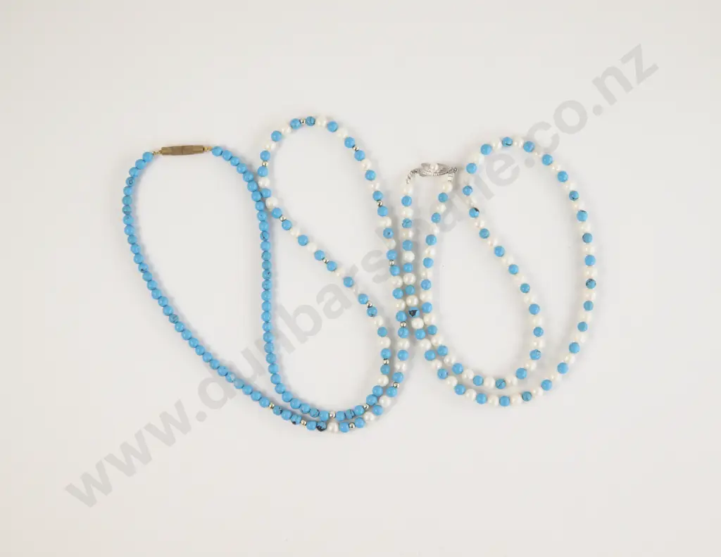 Two Single Strand Uniform Pearl and Turquoise Bead Necklaces Image 1++
