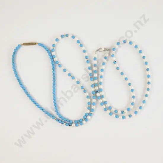Two Single Strand Uniform Pearl and Turquoise Bead Necklaces