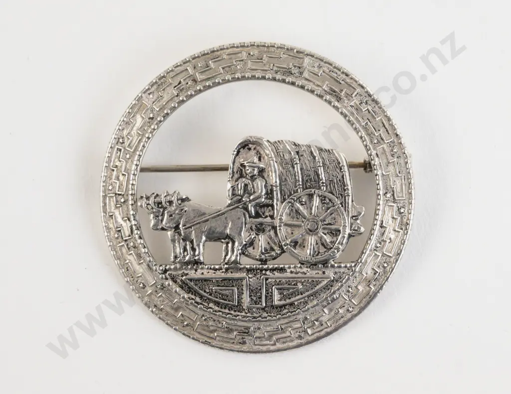 Antique .800 Silver Carriage and Oxen Circular Brooch Image 1++