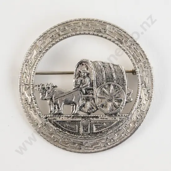 Antique .800 Silver Carriage and Oxen Circular Brooch