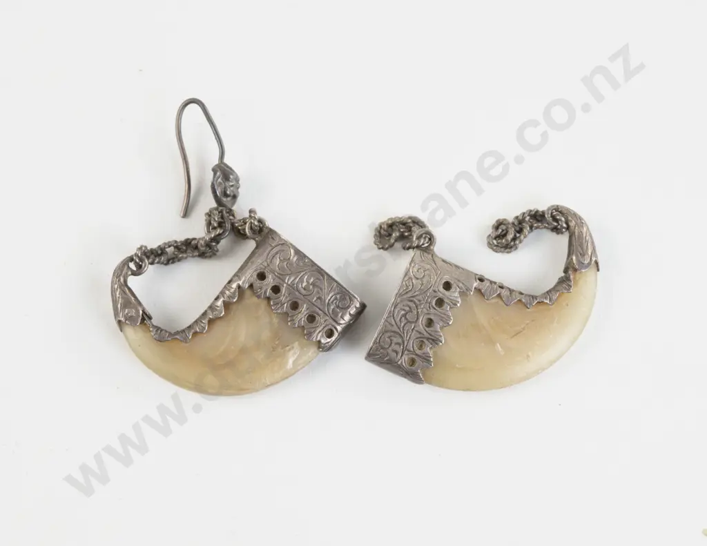 Pair Victorian Anglo-Indian Silver Mounted Tiger Claw Earrings (one hook missing) Image 1++