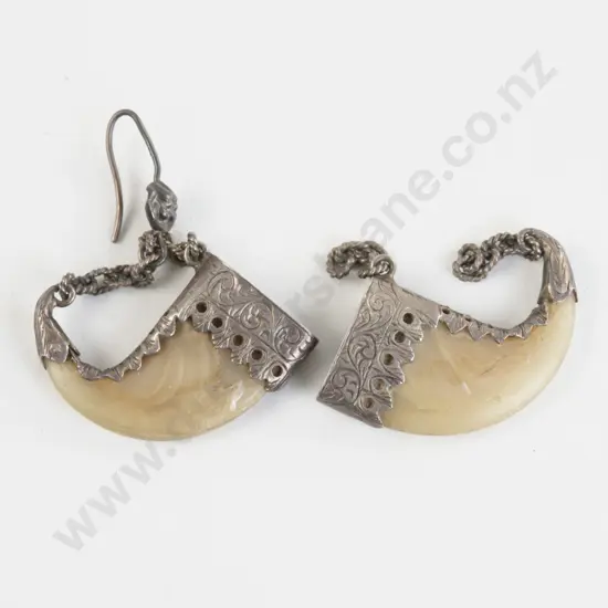 Pair Victorian Anglo-Indian Silver Mounted Tiger Claw Earrings (one hook missing)