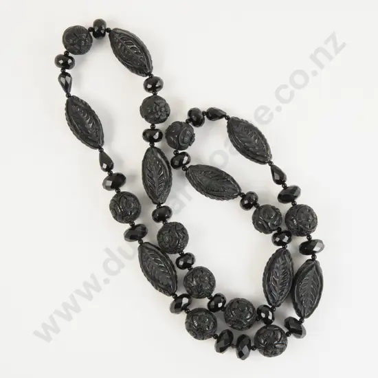 Victorian French Jet Single Strand Carved Beaded Necklace