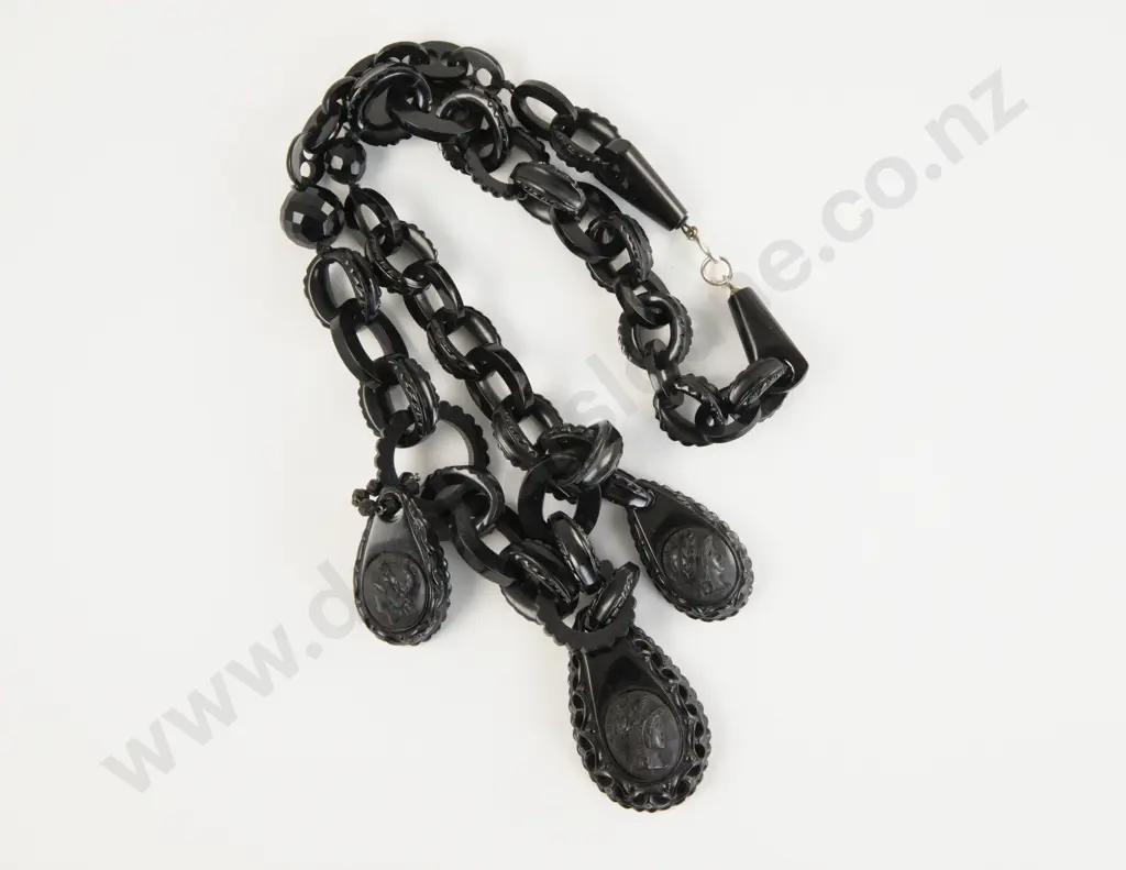 Victorian French Jet Carved Cameo Pendant Necklace Image 1++