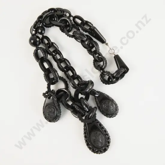 Victorian French Jet Carved Cameo Pendant Necklace