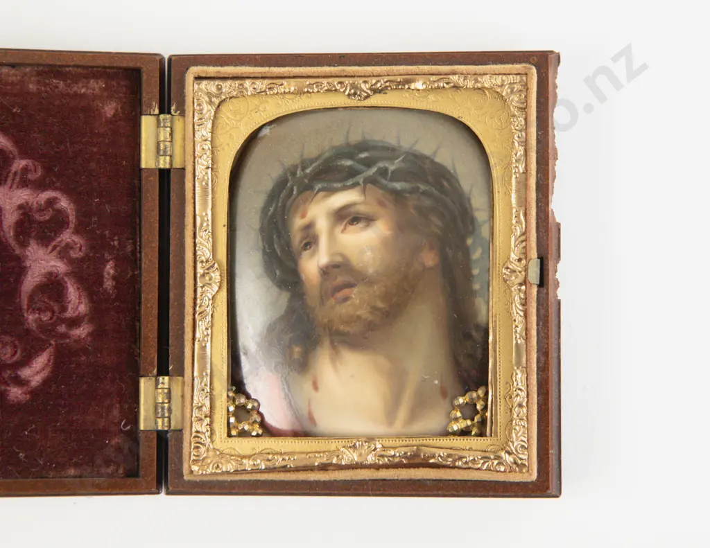 C19th Porcelain Tile Painted Portrait of Christ with Crown of Thorns Image 1++