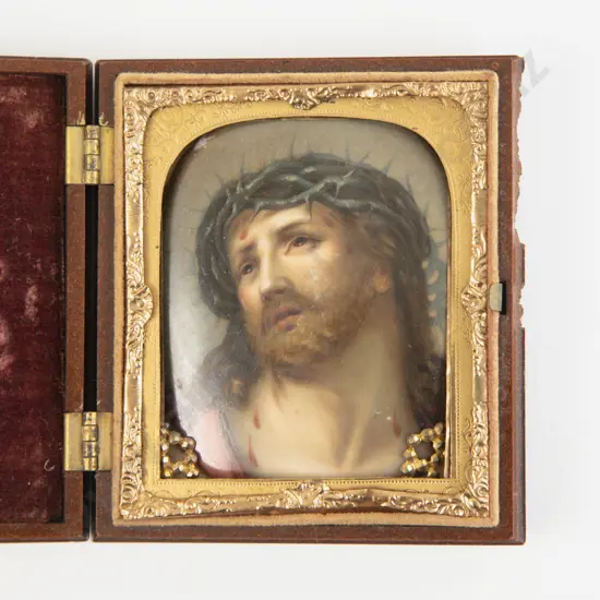 C19th Porcelain Tile Painted Portrait of Christ with Crown of Thorns