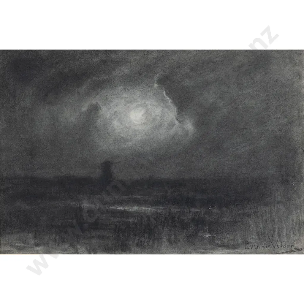 Petrus Van der Velden - Moonlit Landscape with Windmill Image 1++