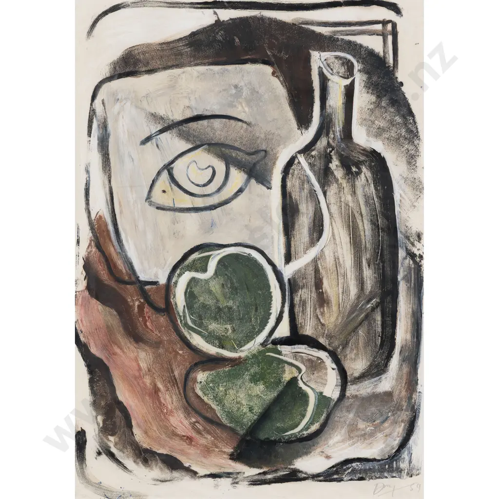 Melvin Day - Still Life with Bottle, Fruit, and Plaster Cast Image 1++