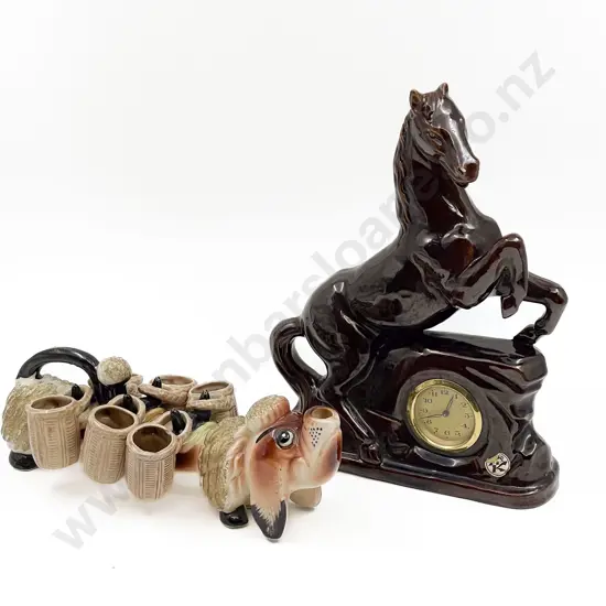 Novelty Dog form Liqueur Bottle and Cups with Horse Form Mantle Clock