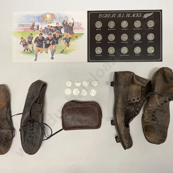 All Black Comm. Coin Set and Assorted Rugby Comm. Coins with Vintage Leather Boots