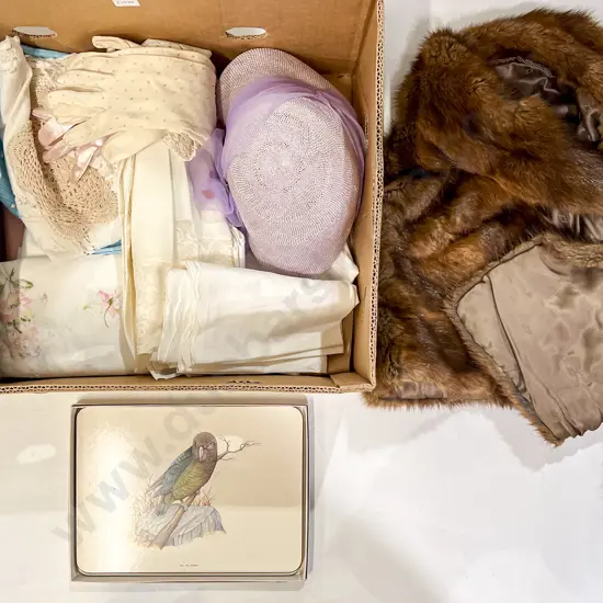Fur Stole and Assorted Costume and Linen