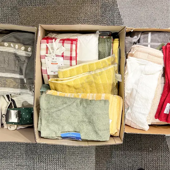 Three Boxes of Assorted As New Bathroom and Kitchen Towels Etc