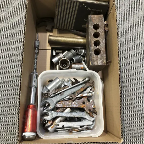 Box of Assorted Tools including Socket Fittings with wrenches and Assorted