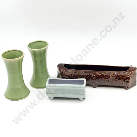 Pair of Green Glazed Temuka Vases and Two Flower Troughs