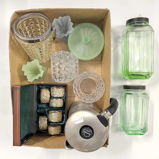 Boxed Napkin Ring Set with Pressed Glassware and Bialetti Stove Top Coffee Maker