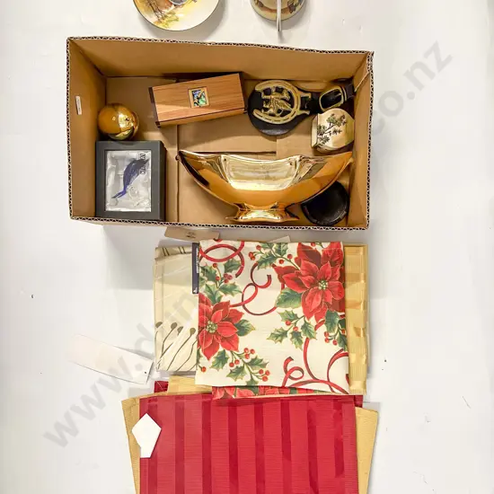 Qty of Assorted China With As New Table Linen and Ornaments