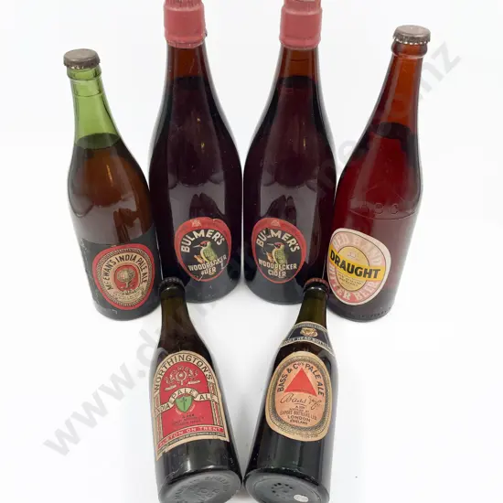Four Vintage Full Labelled Beer Bottles and Pair of Full Bulmer's Woodpecker Cider Bottles