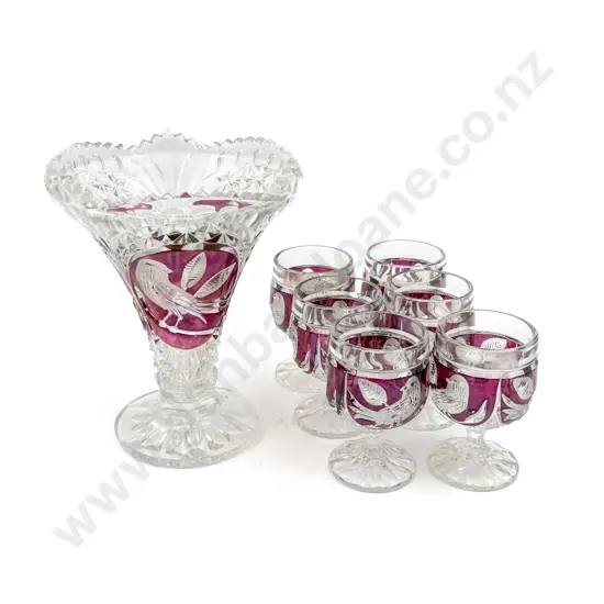 Ruby Flashed Crystal Vase and Six Small Goblets