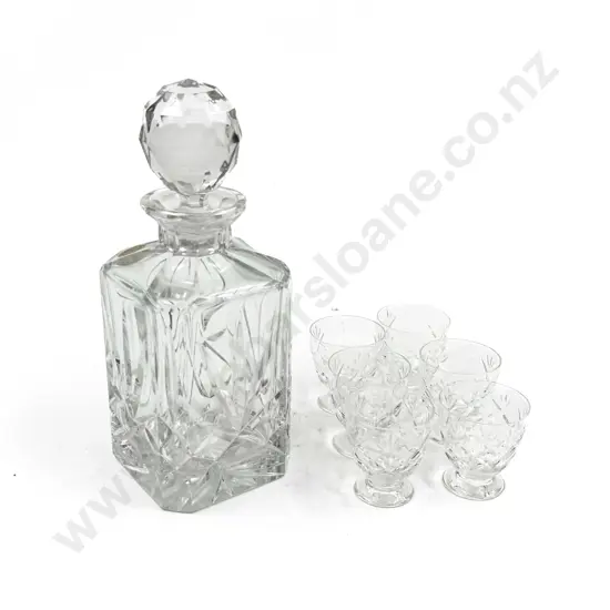 Crystal Whiskey Decanter and Six Small Crystal Glasses