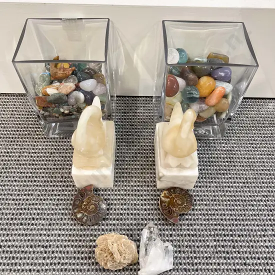 Pair of Hardstone Bookends with Polished Pebbles and Small Crystal Formation *PLEASE NOTE PHOTO CHANGE