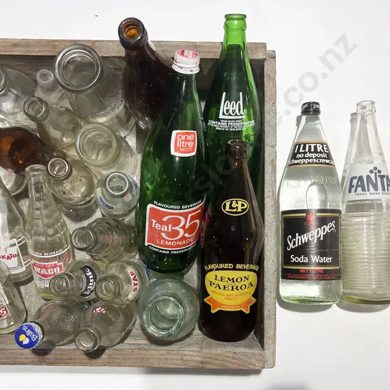 Vintage Foxton Fizz Crate and Assorted Vintage Soda Bottles
