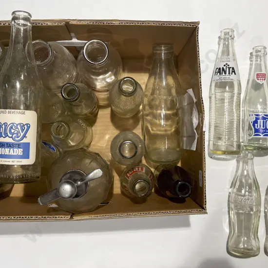 Box of Assorted Vintage Soda Bottle and Soda Syphon
