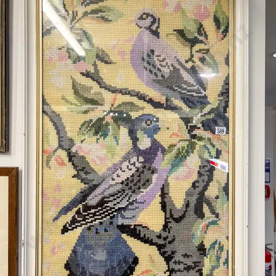 Framed Vintage Needlepoint Bird Study