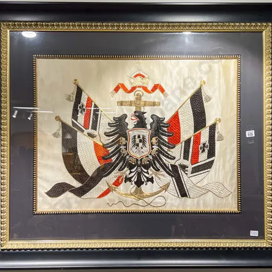 Framed Silk Embroidered Imperial German Navy Coat of Arms