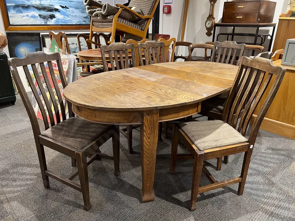 Edwardian Oak Oval Oak Dining Table & Six Slat Back Chairs Image 1++