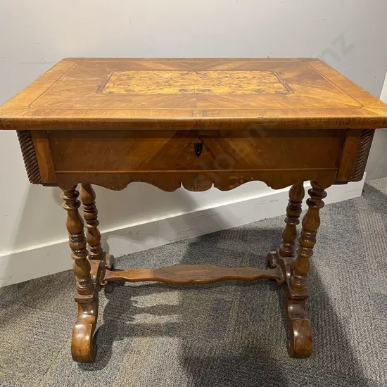 C19th Northern European Inlaid Walnut Side Table With Sectional Long Drawer
