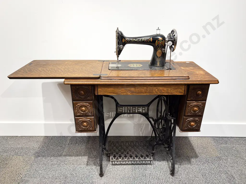 Singer Sewing Machine Table on Treadle Base & Machine Image 1++