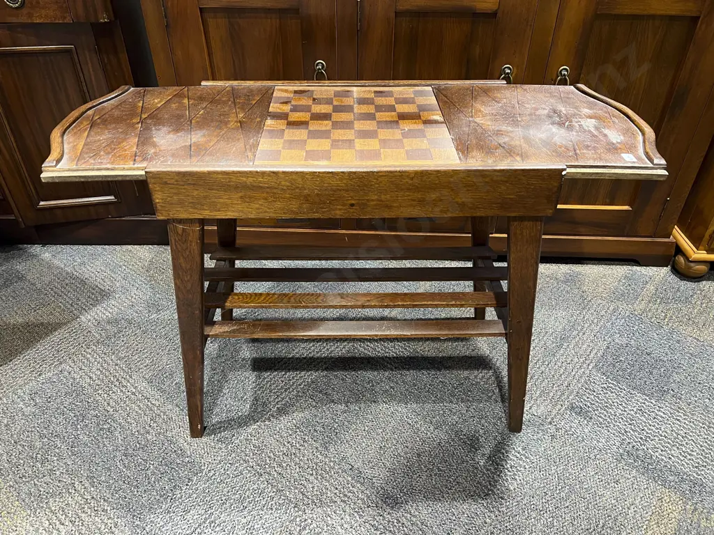 Oak Slide Top Games Table with Slatted Undertier Image 1++