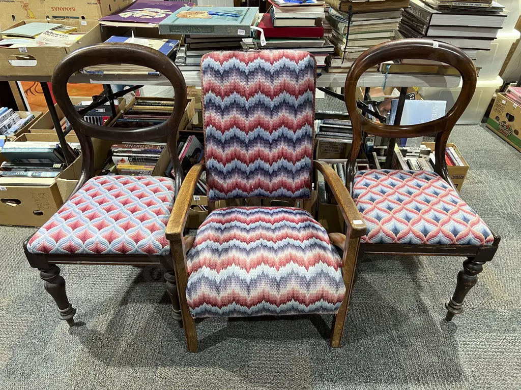 Oak Framed Arm Chair with Pair of Balloon Back dining Chairs Image 1++