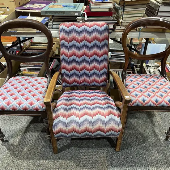 Oak Framed Arm Chair with Pair of Balloon Back dining Chairs