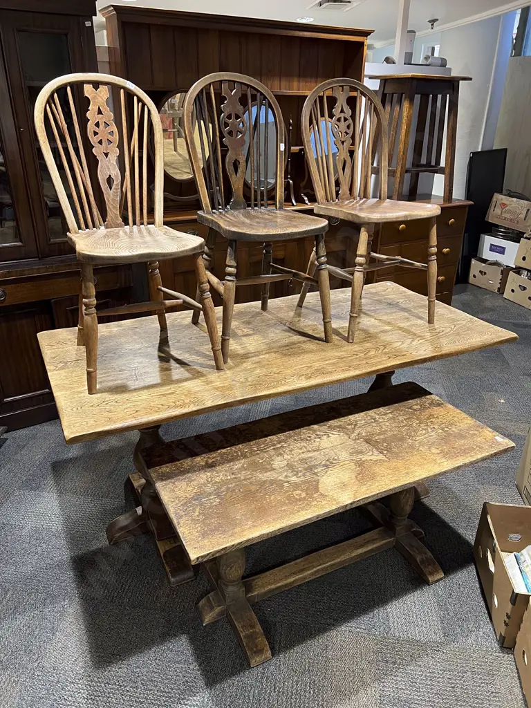 Oak Refectory Dining Table With Three Dining Chairs and Matching Coffee Table Image 1++