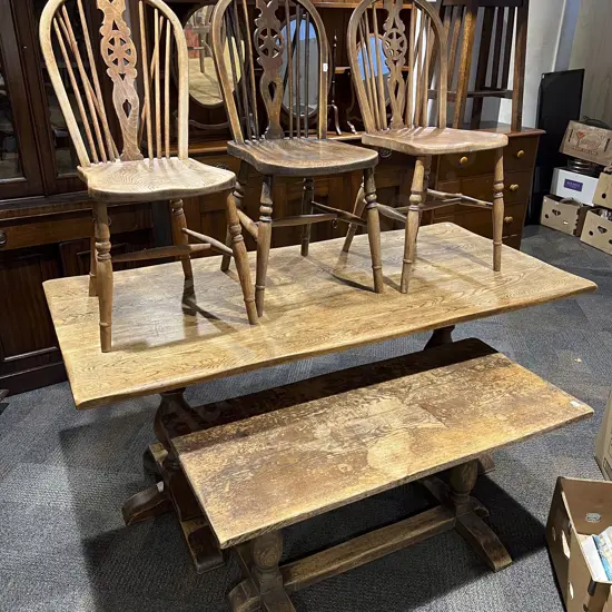 Oak Refectory Dining Table With Three Dining Chairs and Matching Coffee Table