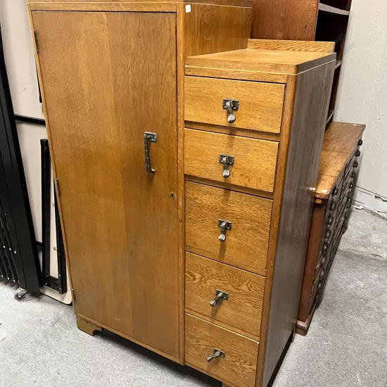 Oak Manrobe with Row of Slender Drawers to Side