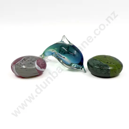 Art Glass Dolphin and Two Paperweights